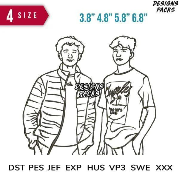 2 Boys Line Art Embroidery Design Multi Sizes