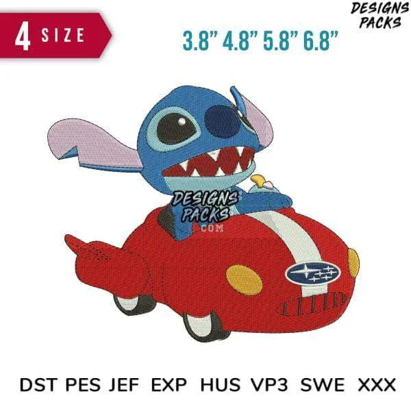Stitch And Car Subaru Cartoon Embroidery Design