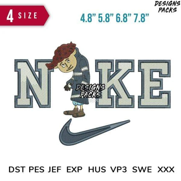Swoosh Sport Brand Wybie Cartoon Couple Embroidery Design