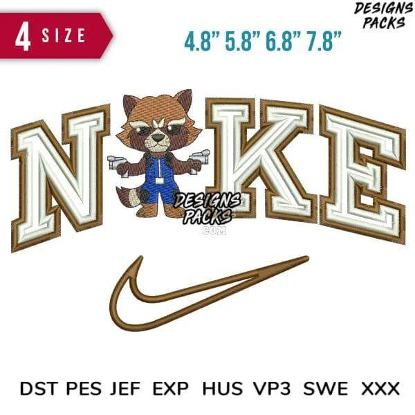 Swoosh Sport Brand Double line Rocket Racoon Embroidery Design
