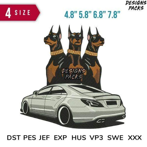 3 Dogs and Car Embroidery Design 4.8