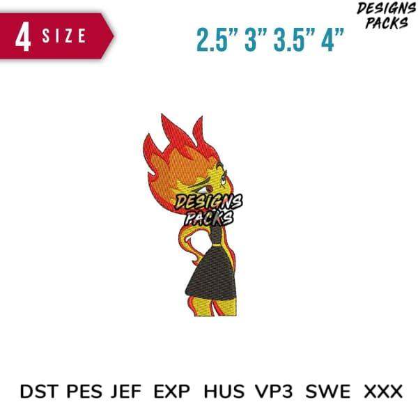 Flame-themed embroidery design in 4 sizes, compatible with DST PES JEF formats for instant download.