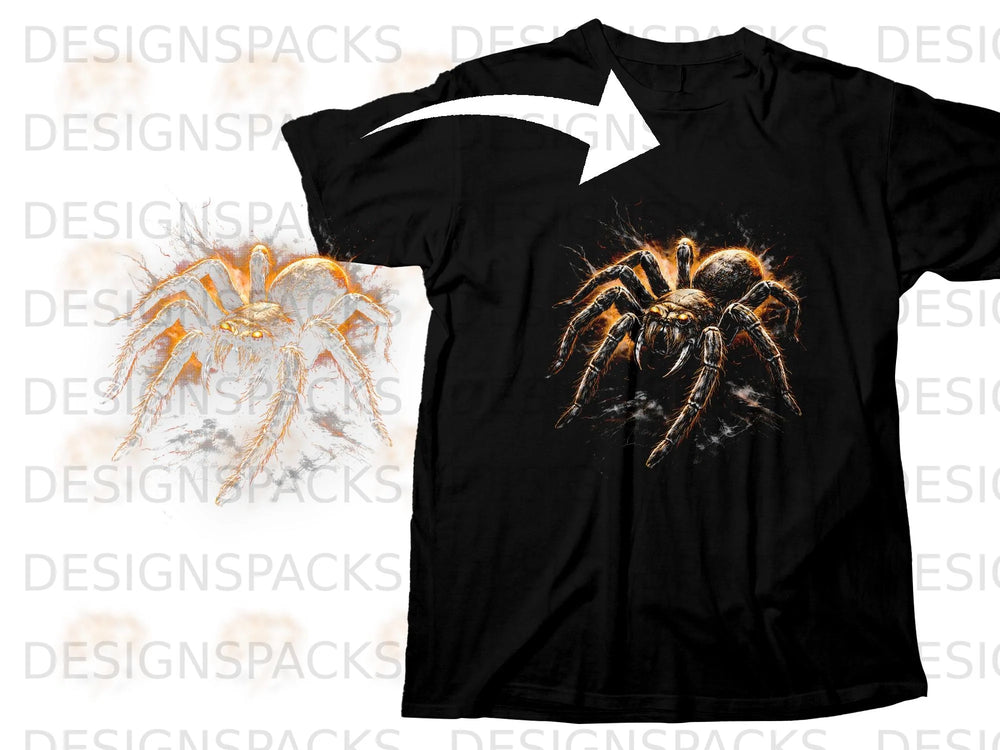 Black t-shirt with a graphic of a tarantula with fiery accents.