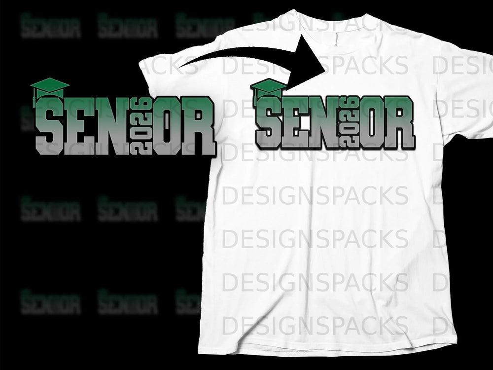 White t-shirt with green and grey "SENIOR 2026" graphic and graduation cap.
