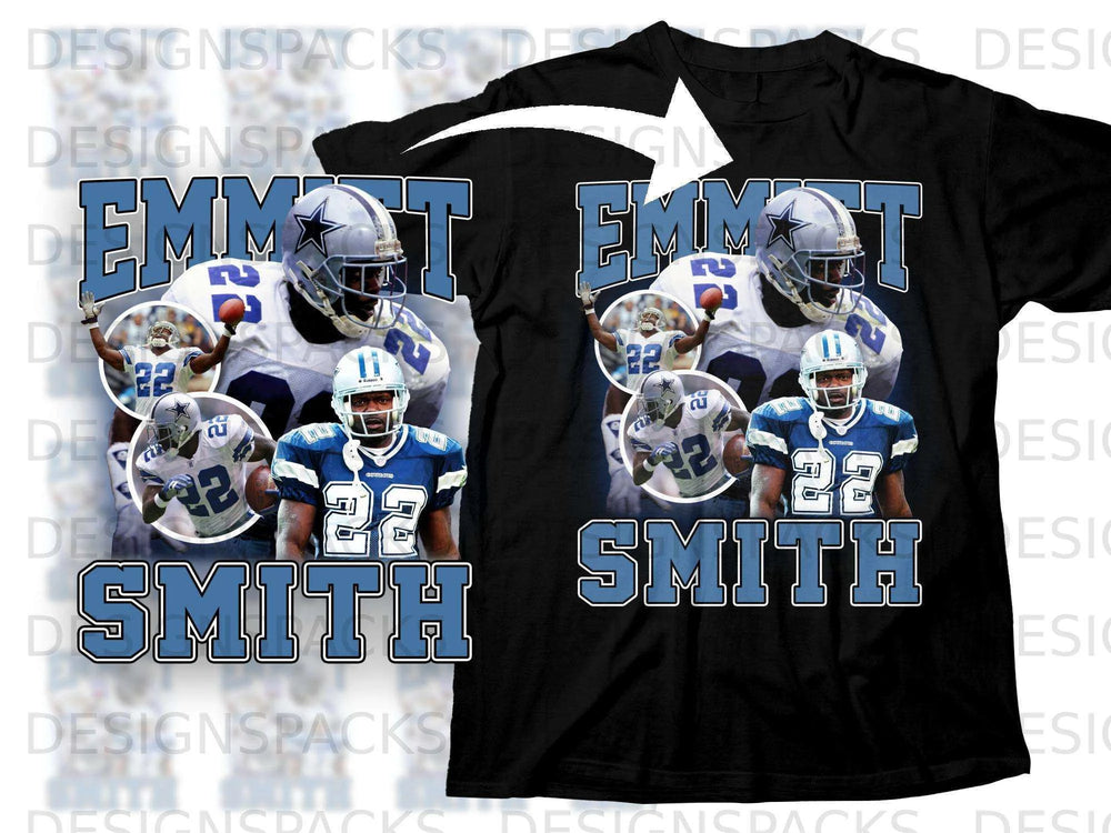 Black t-shirt featuring football player Emmitt Smith in blue Cowboys uniform.