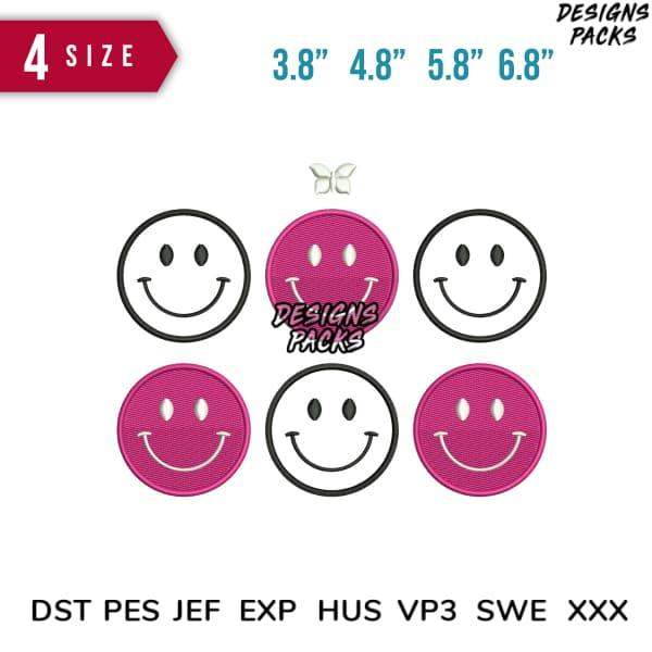 Smiley face embroidery designs in 4 sizes, PES DST JEF formats, print-ready for DTG or DTF