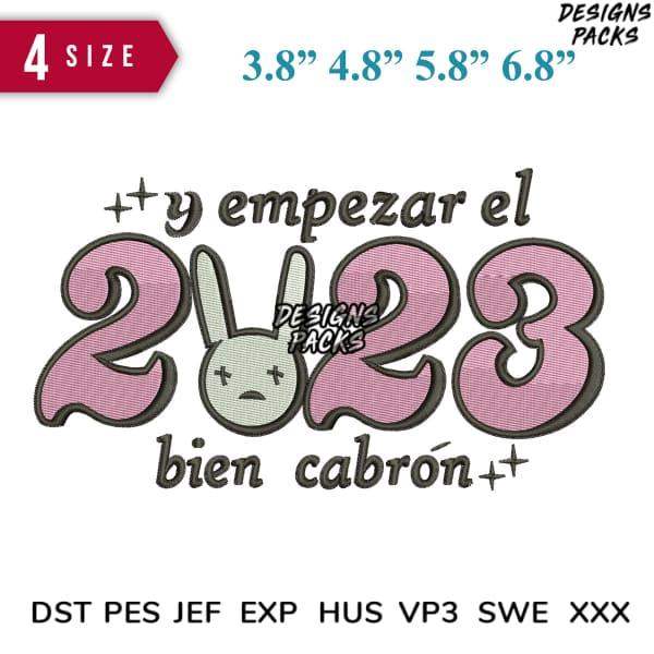 2023 embroidery design with bunny, Spanish text, and multiple sizes for DTF/DTG printing