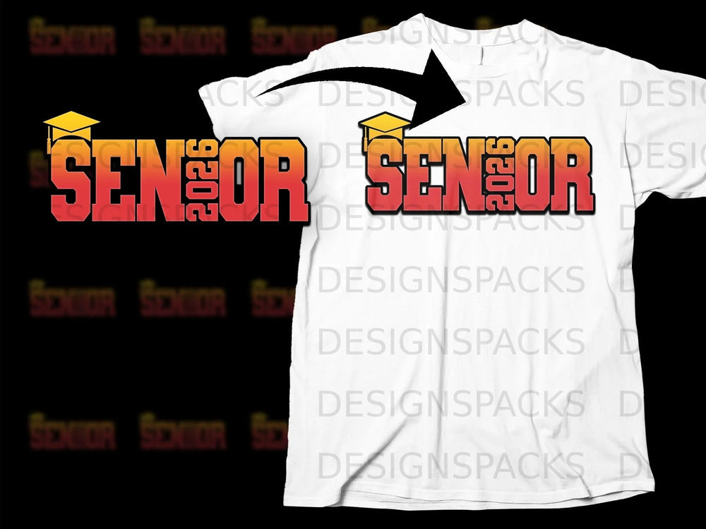 Senior 2026 text with graduation cap on white t-shirt.