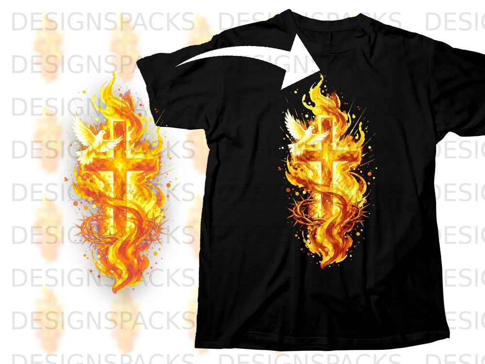 Black t-shirt with a fiery cross and dove graphic design.