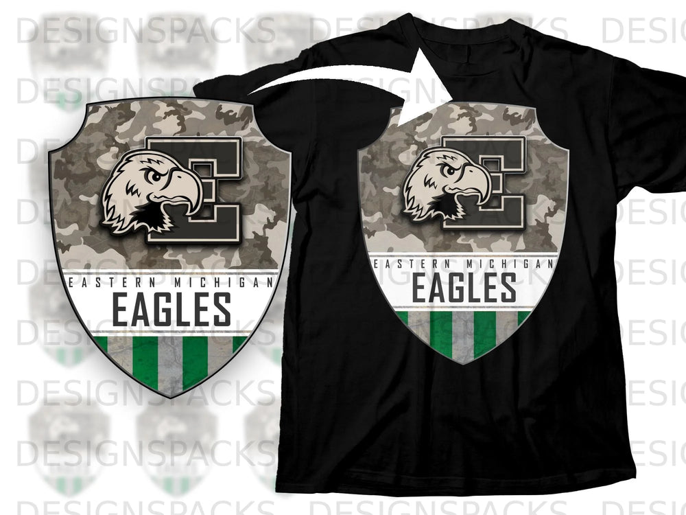 Black t-shirt with a shield graphic featuring an eagle, camouflage, and "Eastern Michigan Eagles".
