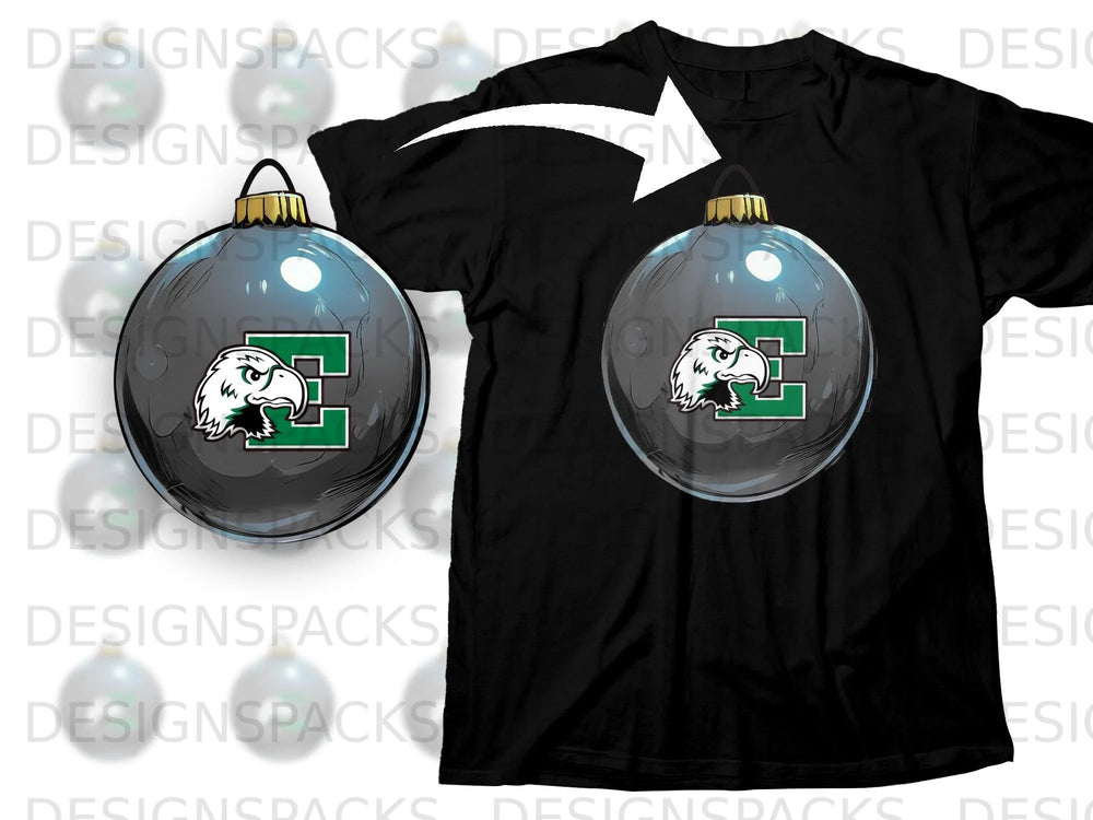 Black t-shirt with a Christmas ornament featuring a green 'E' and an eagle head.