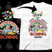 Mickey Mouse and friends with balloons over a rainbow and castle, "100 Days of School" text.
