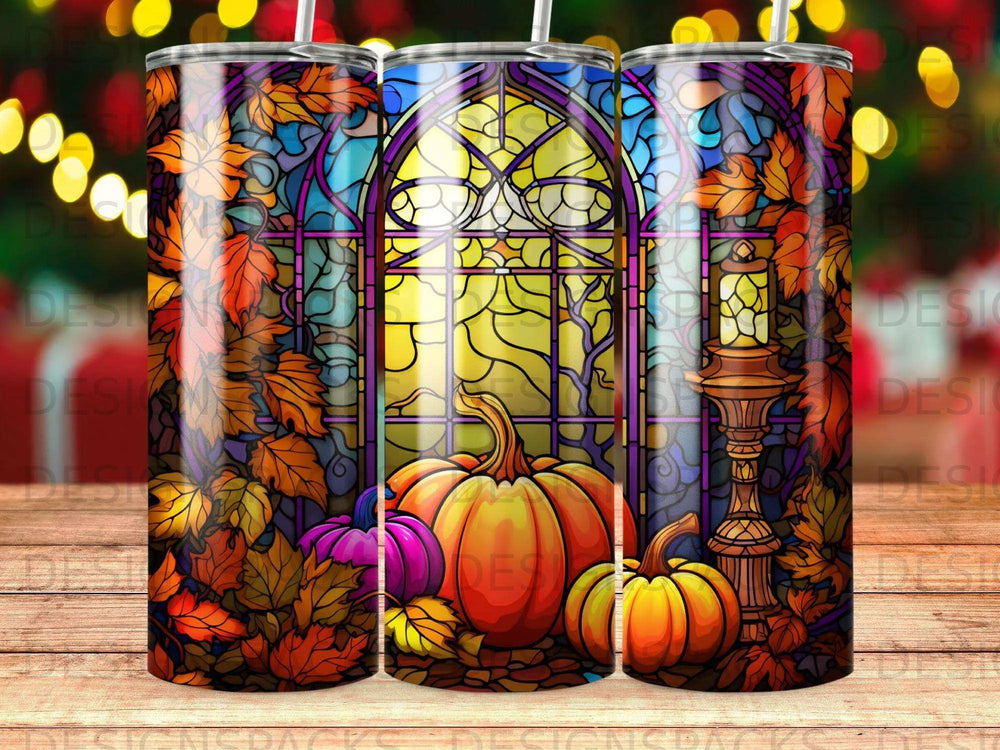 Enchanted Fall Window Stained Glass Tumbler Digital Wrap Design
