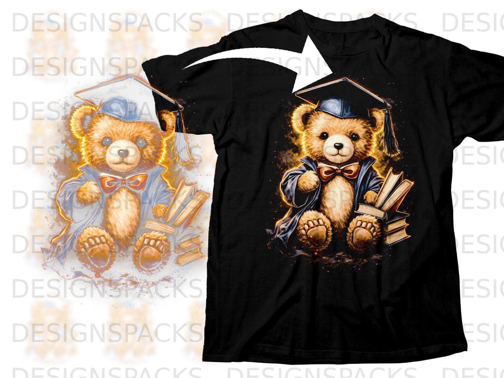 Graduation teddy bear wearing a cap and gown, holding books, on a black t-shirt.