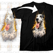 Black t-shirt with a Great Dane dog graphic featuring bright, fiery accents.