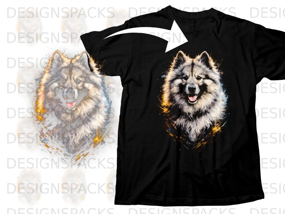 Black t-shirt with a vibrant watercolor-style dog design.