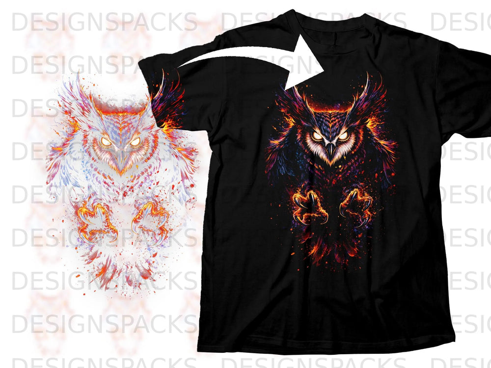 Black t-shirt with a fiery, abstract owl graphic design featuring glowing eyes.