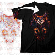 Black t-shirt with a fiery, abstract owl graphic design featuring glowing eyes.