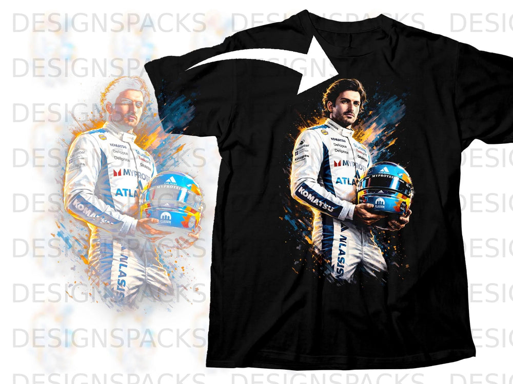 Artwork of a race car driver in a white suit holding a blue helmet on a black t-shirt.