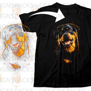 Black t-shirt featuring a colorful Rottweiler dog graphic with an artistic watercolor effect.