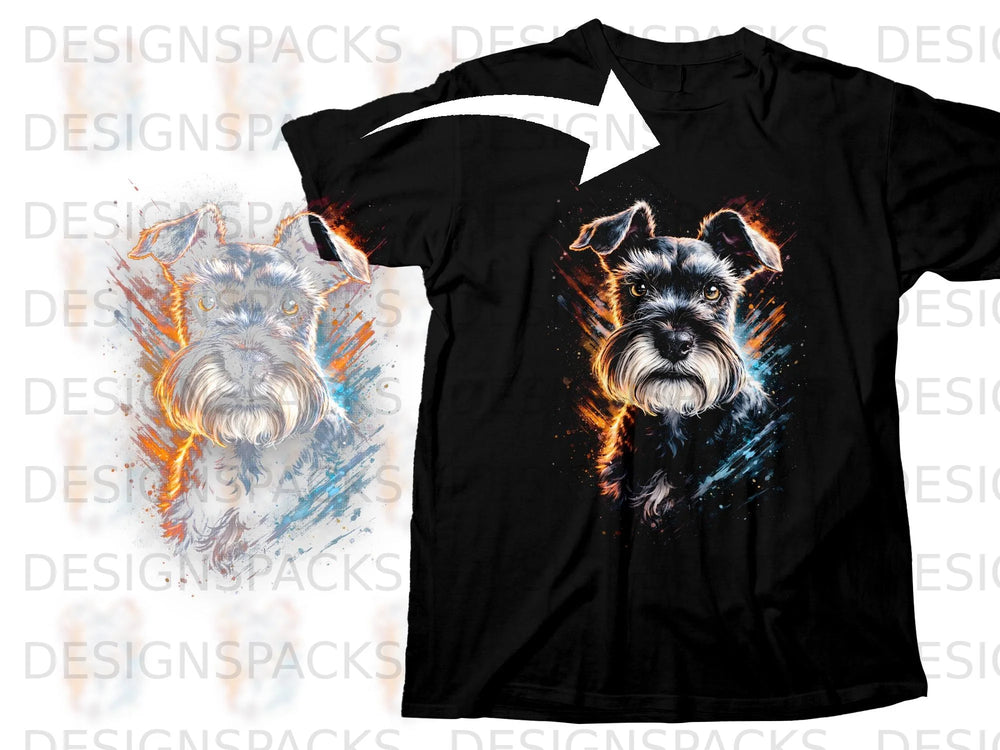 Black t-shirt with a vibrant watercolor schnauzer design featuring orange and blue splashes.