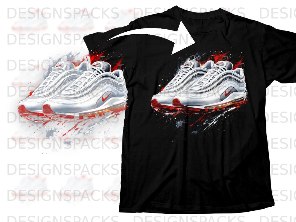 Black t-shirt with graphic of white and red athletic shoes with paint splatter.