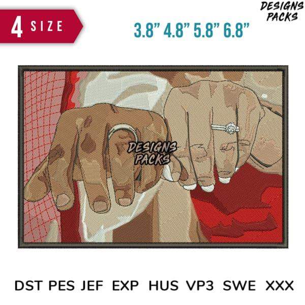 Embroidery design of two hands with rings, available in 4 sizes and multiple formats like PES, DST, EXP