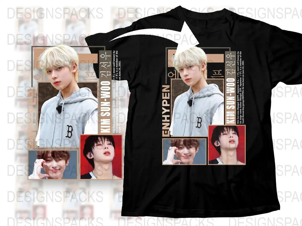 Kpop Fan T-Shirt, ENHYPEN Kim Sunoo Photo Collage, Unisex Black Cotton Tee, Pop Idol Merchandise