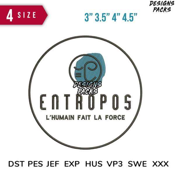 Entropos embroidery design in 4 sizes, print-ready PES DST JEF formats for apparel, featuring bold text and abstract logo.