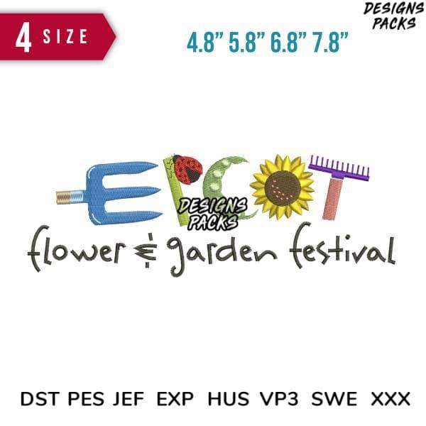 Flower & Garden Festival embroidery design with sunflower, rake, and ladybug in 4 sizes