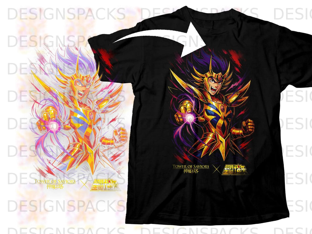 Black t-shirt featuring a golden armored character with purple and pink accents, holding a glowing orb.