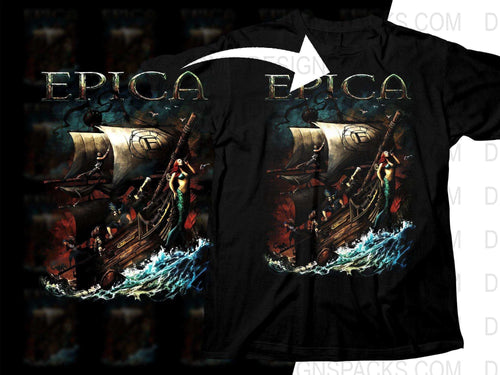 EPICA band t-shirt design with pirate ship, mermaid, and ocean waves — print-ready DTF/DTG graphic