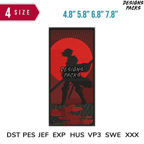 Samurai silhouette embroidery design with red sun, available in 4 sizes & multiple file formats