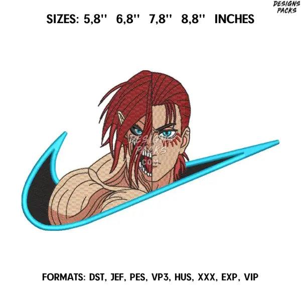 Eren Yeager Embroidery Design File / Attack on Titan Anime Embroidery Design/ Eren Jaeger Nike Swoosh embroidery design