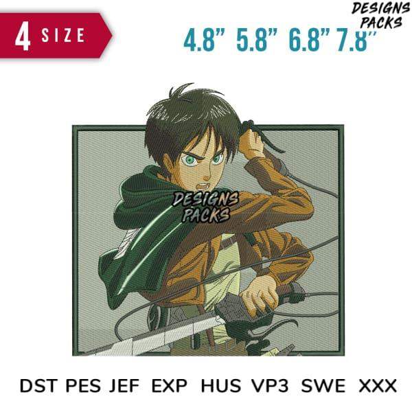 Attack on Titan Eren Yeager embroidery design in 4 sizes, DST PES JEF formats, print-ready for DTG/DTF