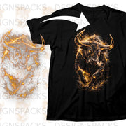 Black t-shirt featuring a roaring bull made of fire and lightning.