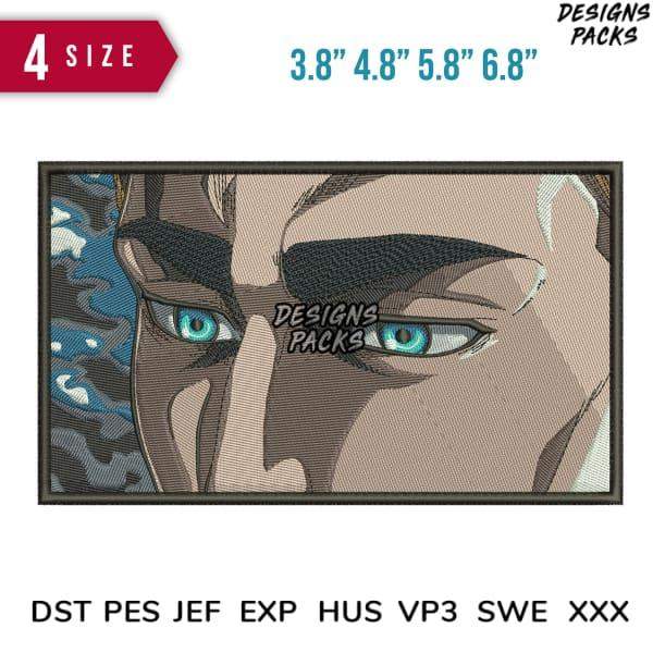 Anime-style embroidery design with blue eyes, available in 4 sizes, DST PES JEF formats for instant download