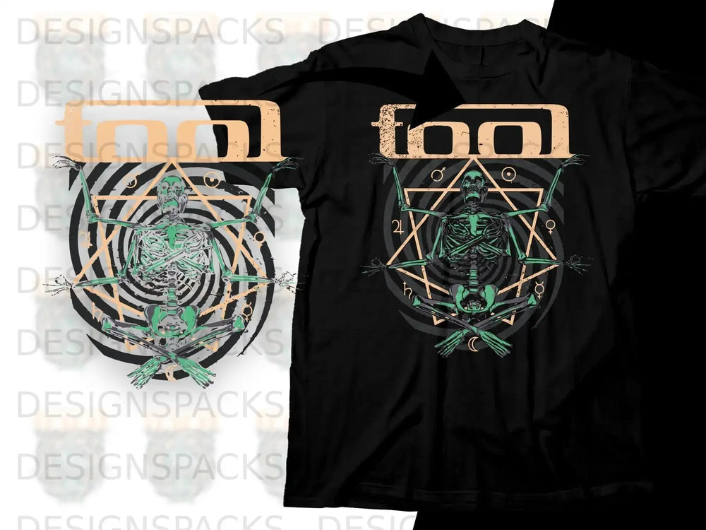 Black t-shirt with skeleton in meditation pose, surrounded by geometric symbols.