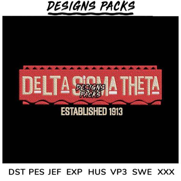 Delta Sigma Theta embroidery design in red and white, established 1913, available in DST PES JEF formats