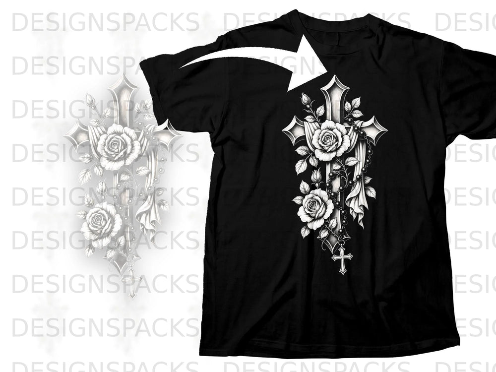 Black t-shirt with a detailed cross and rose graphic design.