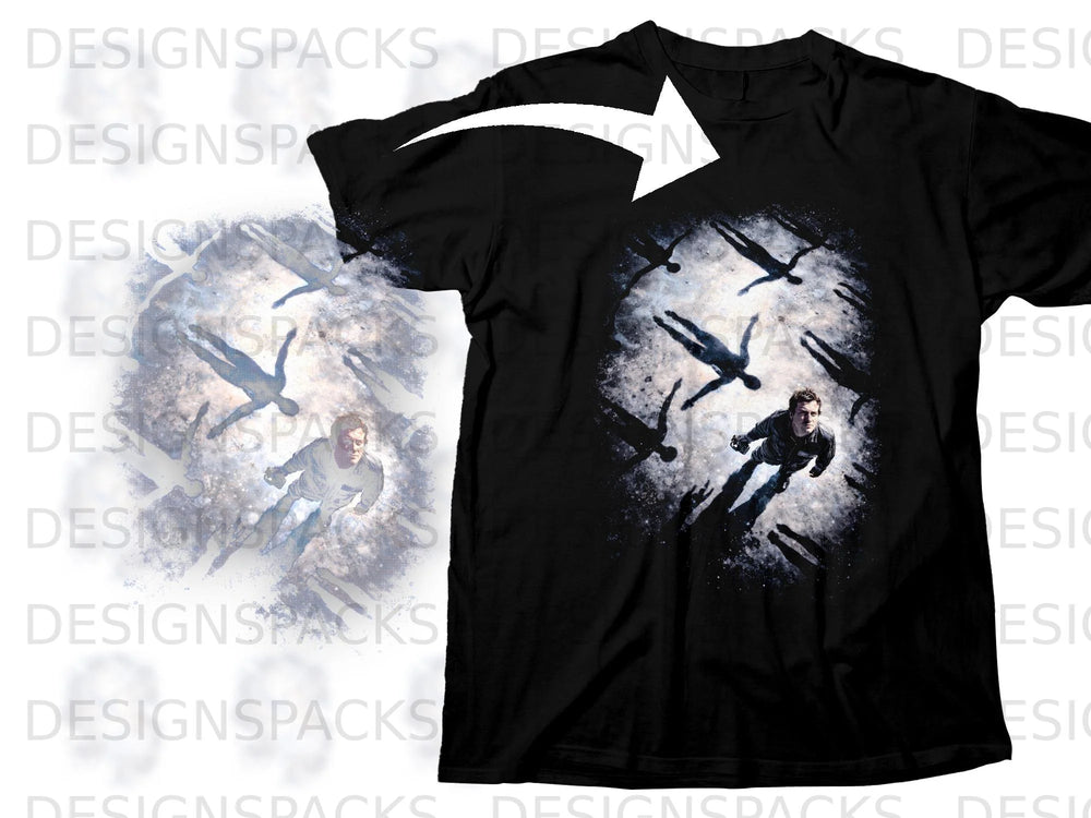 Black t-shirt with graphic of astronaut falling with scattered shadowy figures.