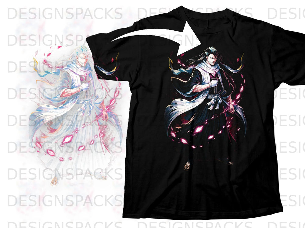 Black t-shirt with anime character holding a sword, surrounded by pink energy.