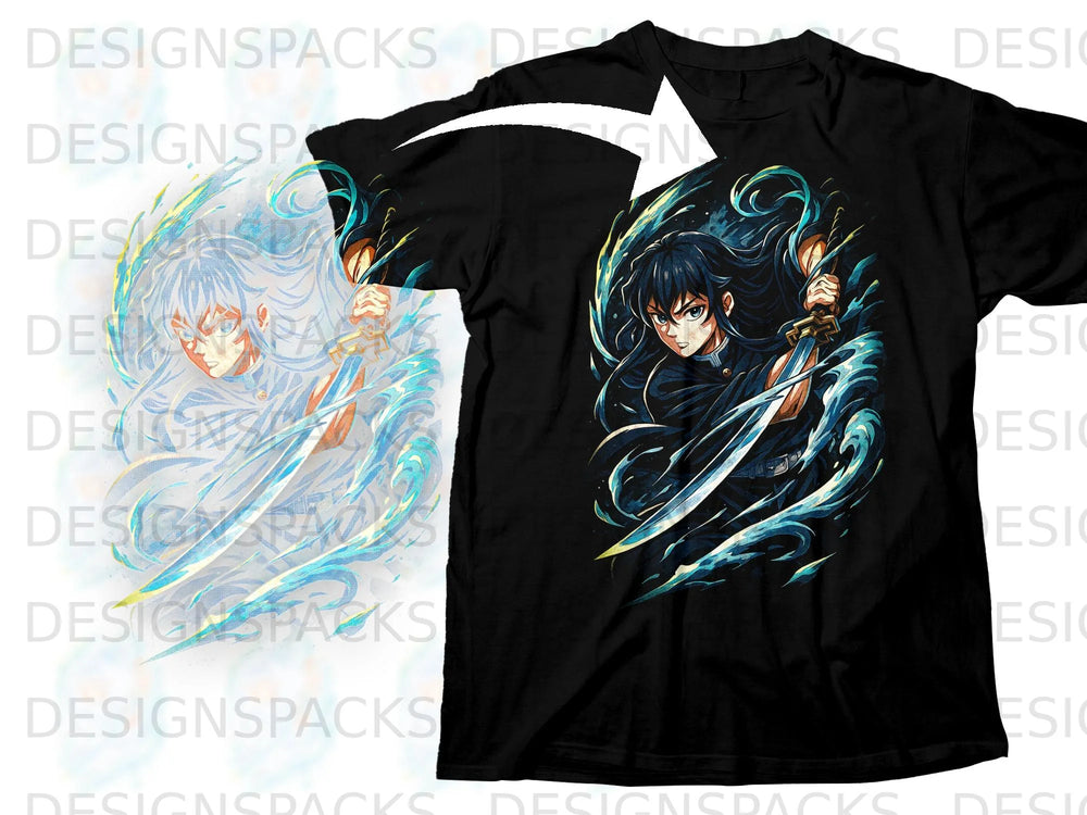 Black t-shirt featuring anime character with swords and water effects.