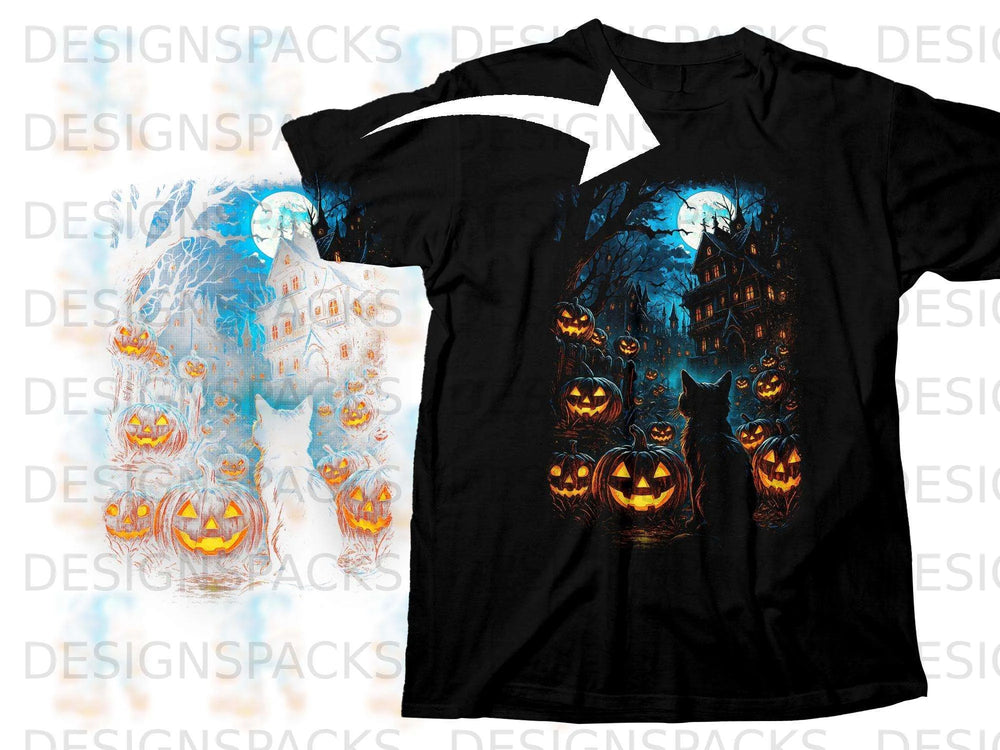 Black t-shirt with a Halloween scene featuring a haunted house, pumpkins, and a black cat.