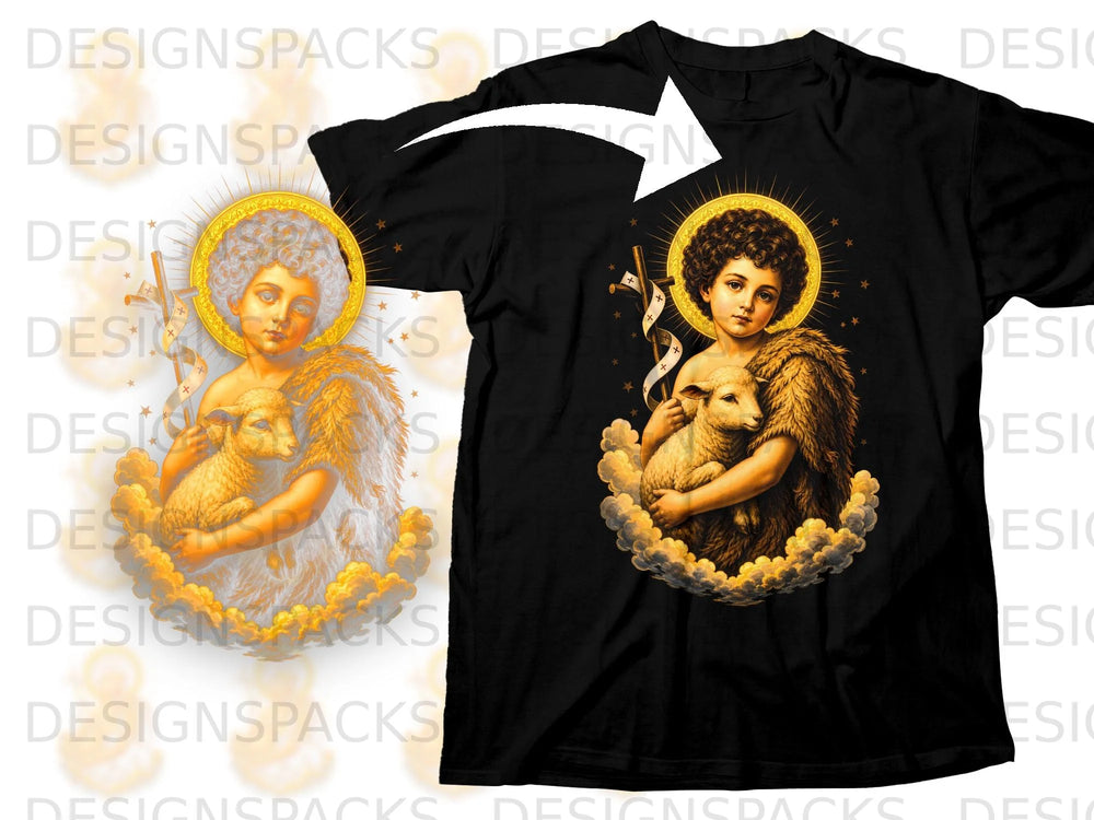 Black t-shirt featuring John the Baptist holding a lamb with a halo and clouds.