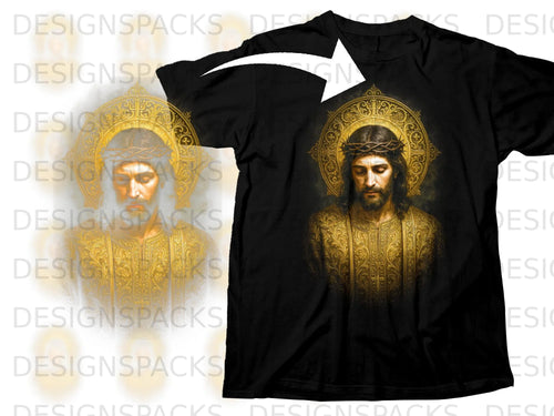 Black t-shirt with a golden print of Jesus Christ wearing a crown of thorns.