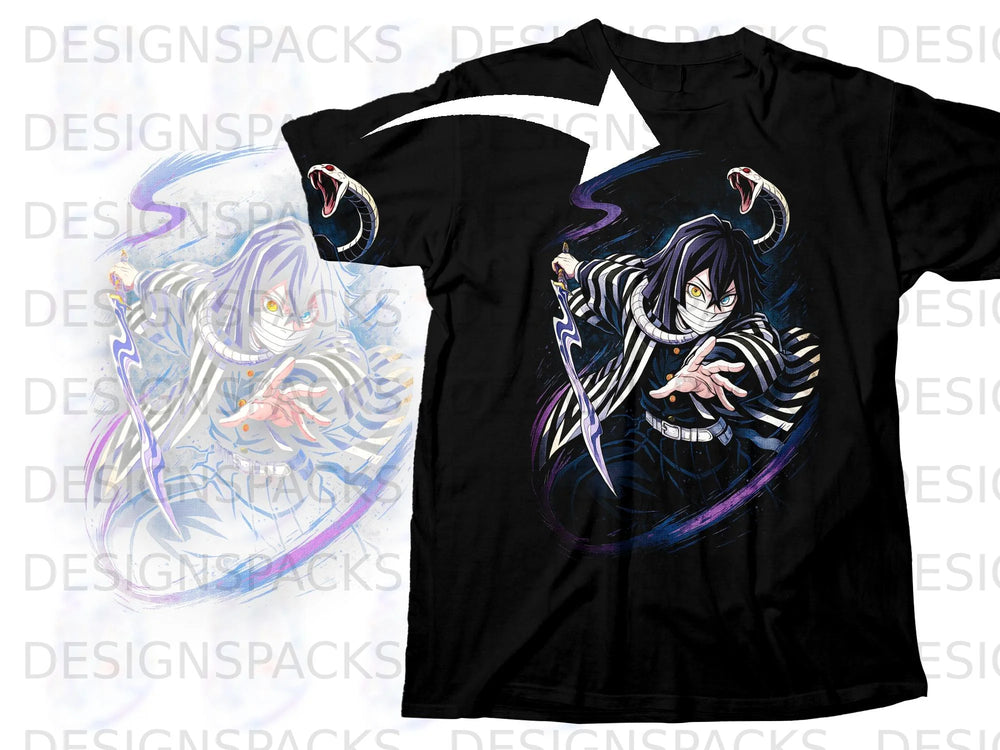 Black t-shirt with anime character Obanai Iguro and a snake.