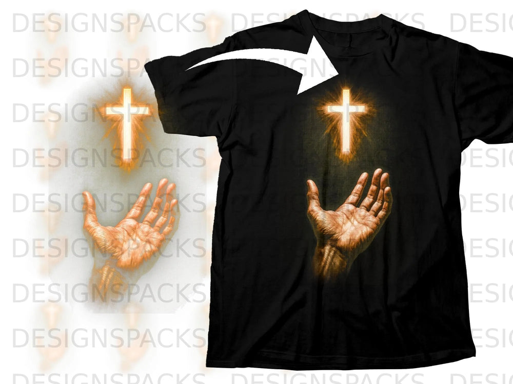 Black t-shirt with graphic of hands reaching towards a glowing cross.