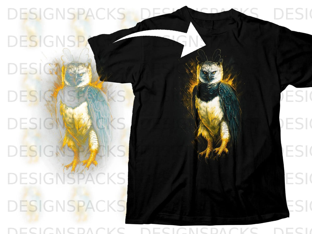Black t-shirt featuring a striking harpy eagle graphic with yellow and blue accents.