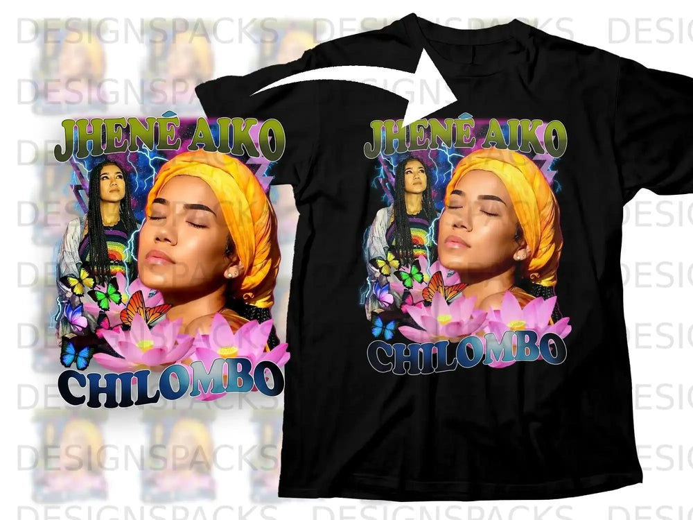 Jhené Aiko "CHILOMBO" t-shirt with portrait and butterflies.